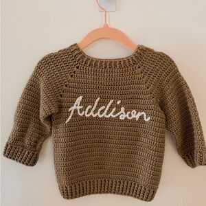 Kids Brown Crochet Sweater with White Script